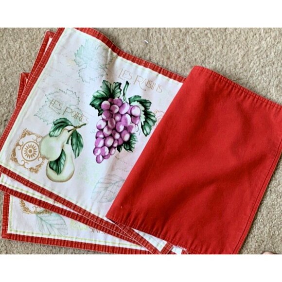 VINTAGE 4 Pc Cotton Placemat French Country Chic Cottage Kitchen Red Tan Fruit - Picture 3 of 11
